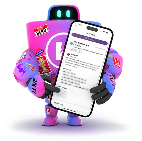 HaiRo™ mail service with robot mascot and phone displaying mail interface