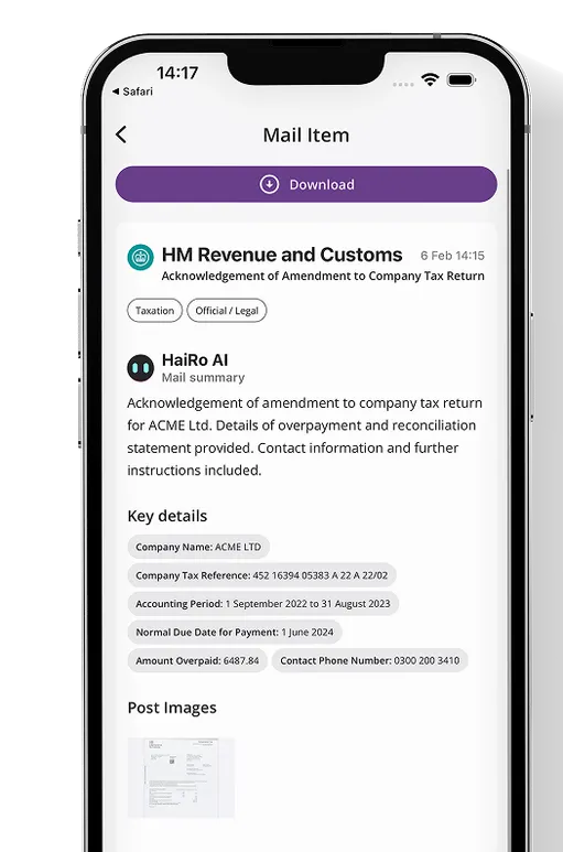 Customer app screenshot displaying mail interface