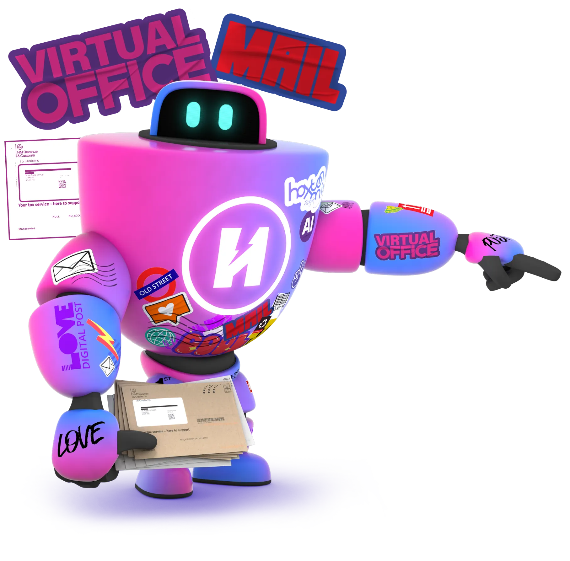 robot with stickers pointing right