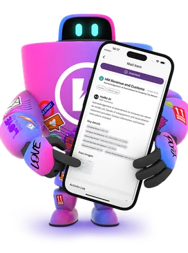 HaiRo™ mail service with robot mascot and phone displaying mail interface