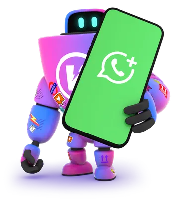 Robot holding a phone with WhatsApp logo