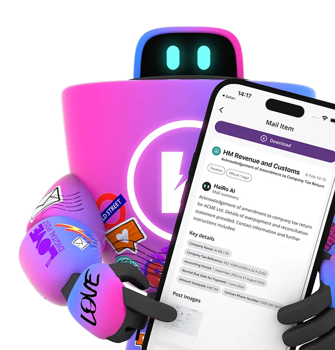 HaiRo™ mail service with robot mascot and phone displaying mail interface