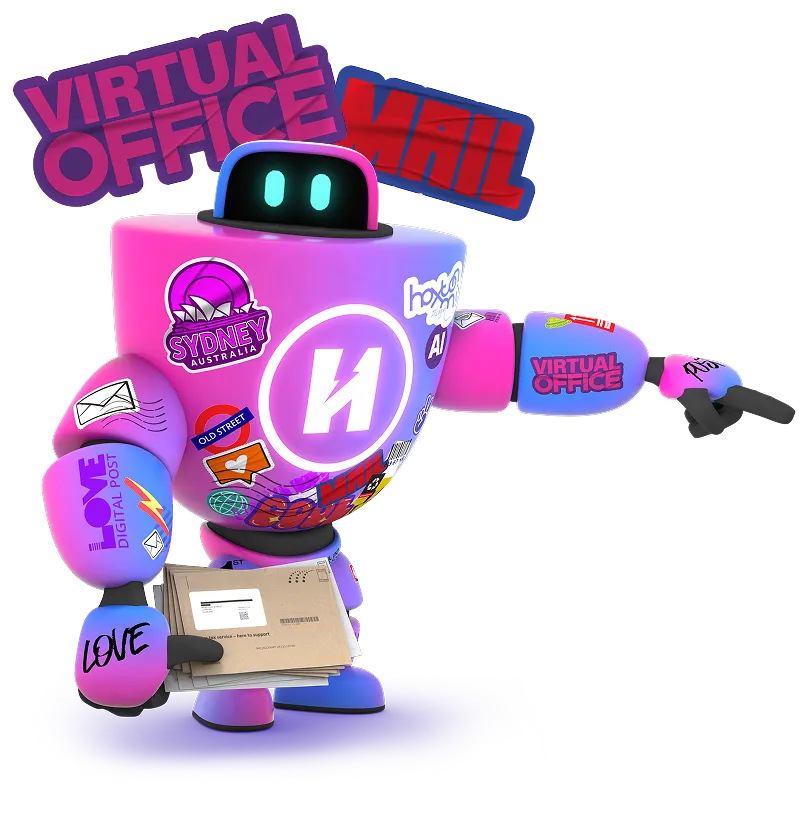 robot with stickers pointing right