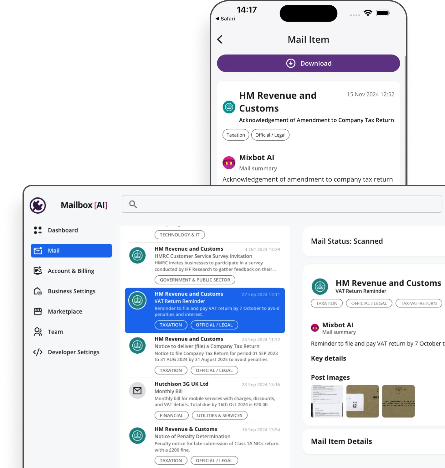 HaiRo™ mail service with robot mascot and phone displaying mail interface