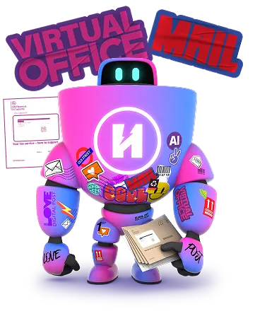 robot with stickers pointing right
