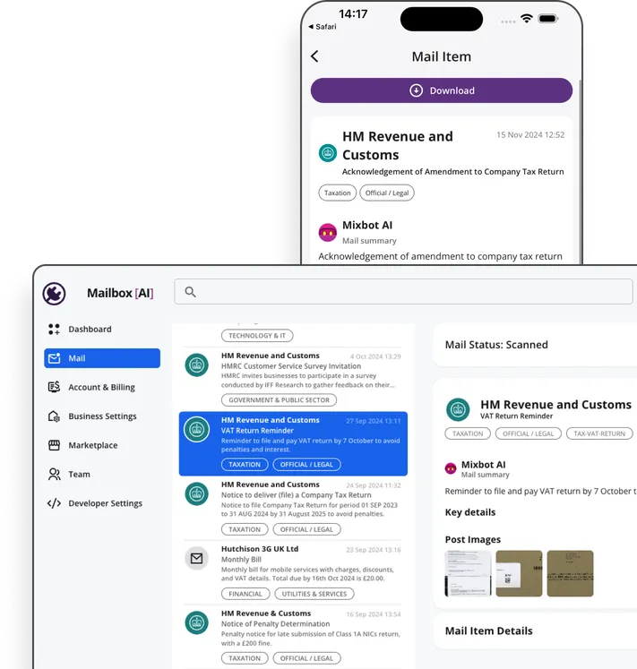 Customer app screenshots displaying mail interface