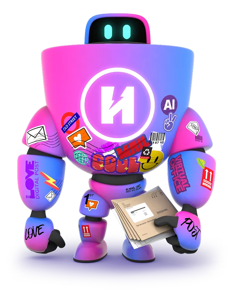 HaiRo™ robot mascot holding envelopes