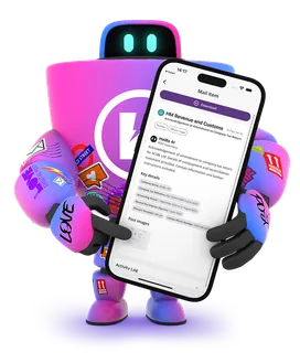 HaiRo™ mail service with robot mascot and phone displaying mail interface