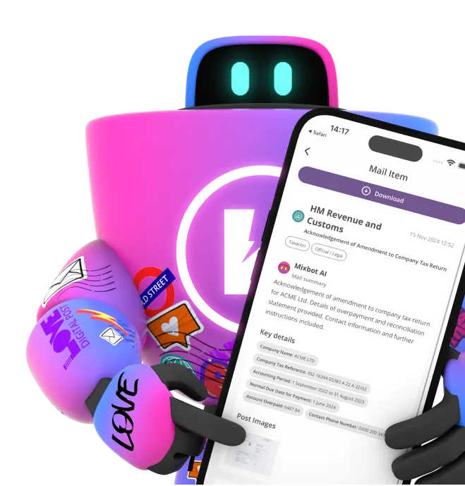 HaiRo™ mail service with robot mascot and phone displaying mail interface