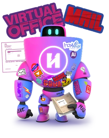 robot with stickers pointing right