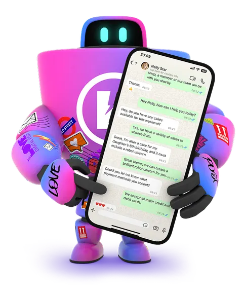 Robot pointing at WhatsApp chat on a phone