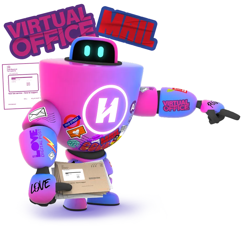 robot with stickers pointing right