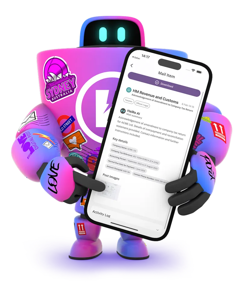 HaiRo™ robot mascot holding phone