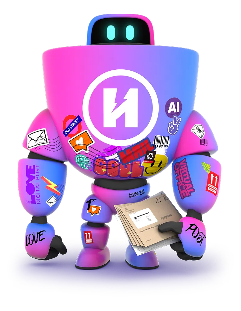 HaiRo™ robot mascot holding envelopes