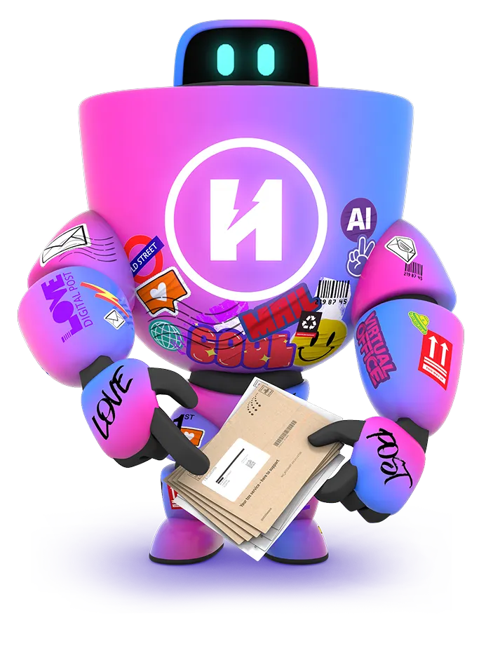 HaiRo™ robot mascot pointing at envelopes