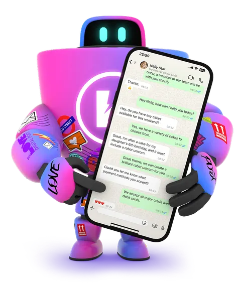 Robot pointing at WhatsApp chat on a phone