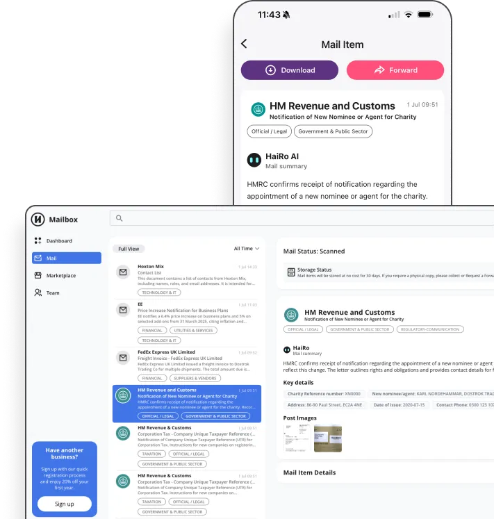 Customer app screenshots displaying mail interface
