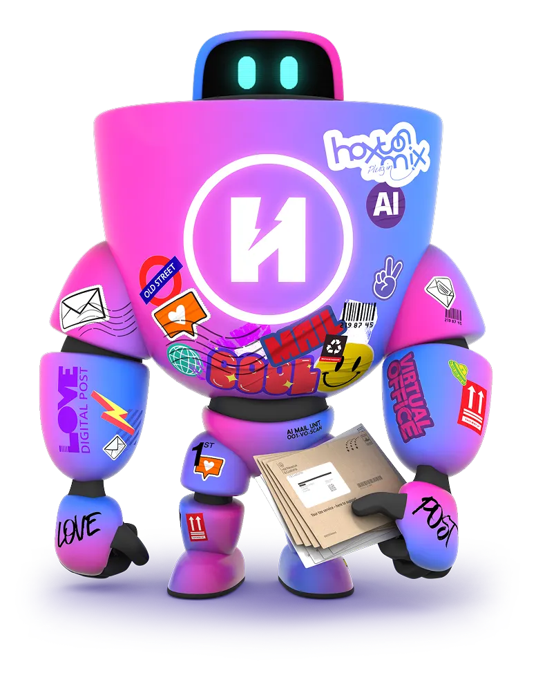 HaiRo™ robot mascot holding envelopes
