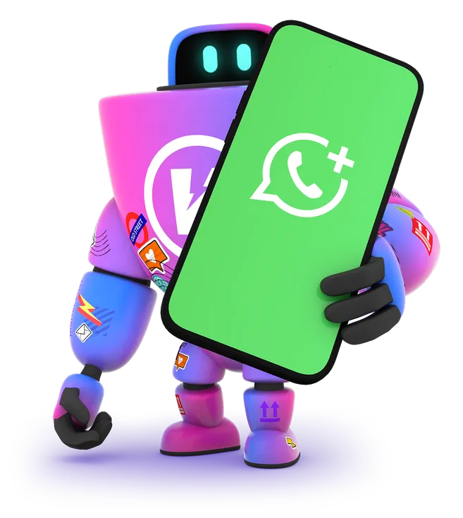 HaiRo™ robot mascot holding phone with whatsapp logo