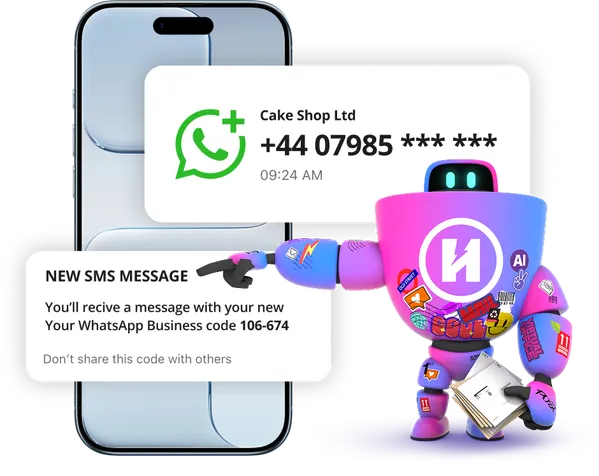 Robot pointing to phone with WhatsApp message
