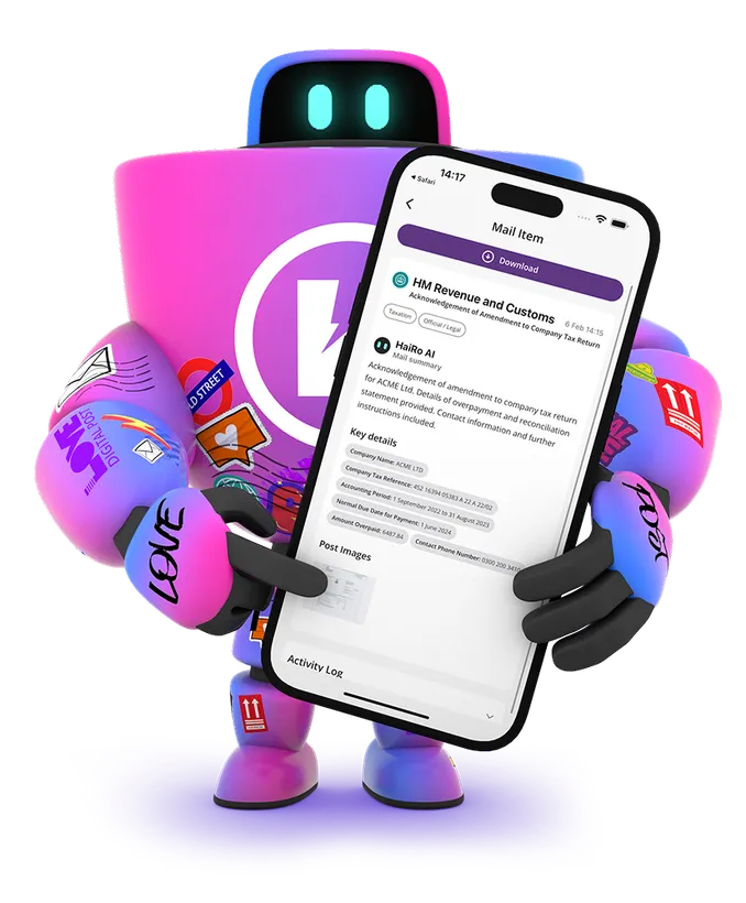 HaiRo™ mail service with robot mascot and phone displaying mail interface