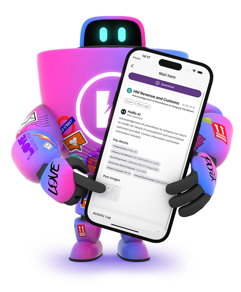 HaiRo™ robot mascot displaying mail interface