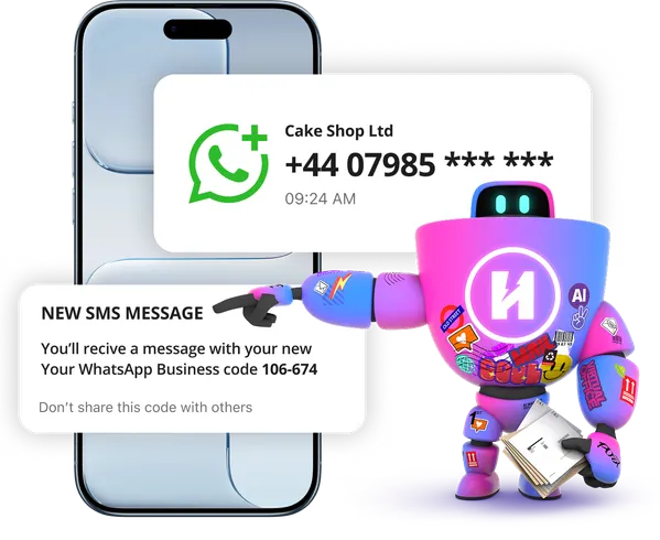 Robot pointing to phone with WhatsApp message
