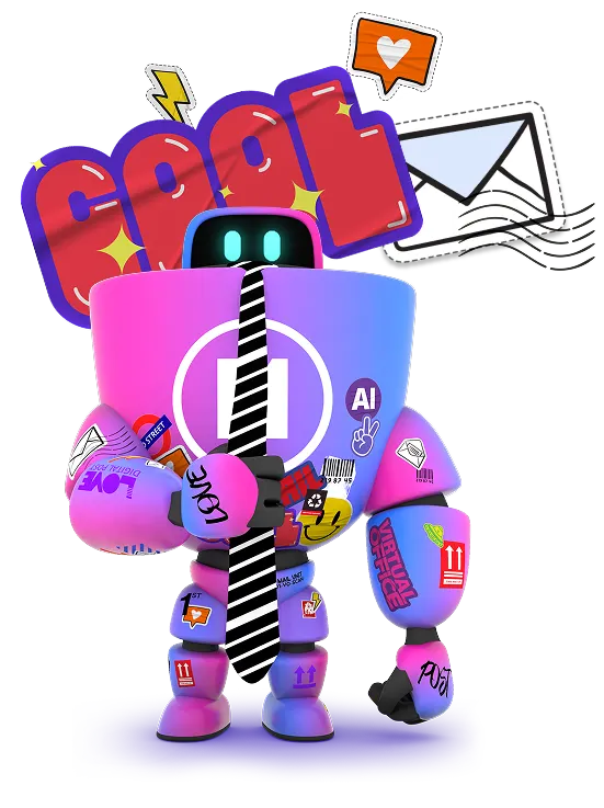 HaiRo™ robot mascot with cool stickers holding tie