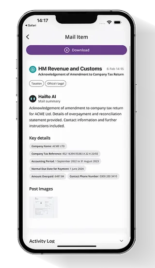 Customer app screenshot displaying mail interface