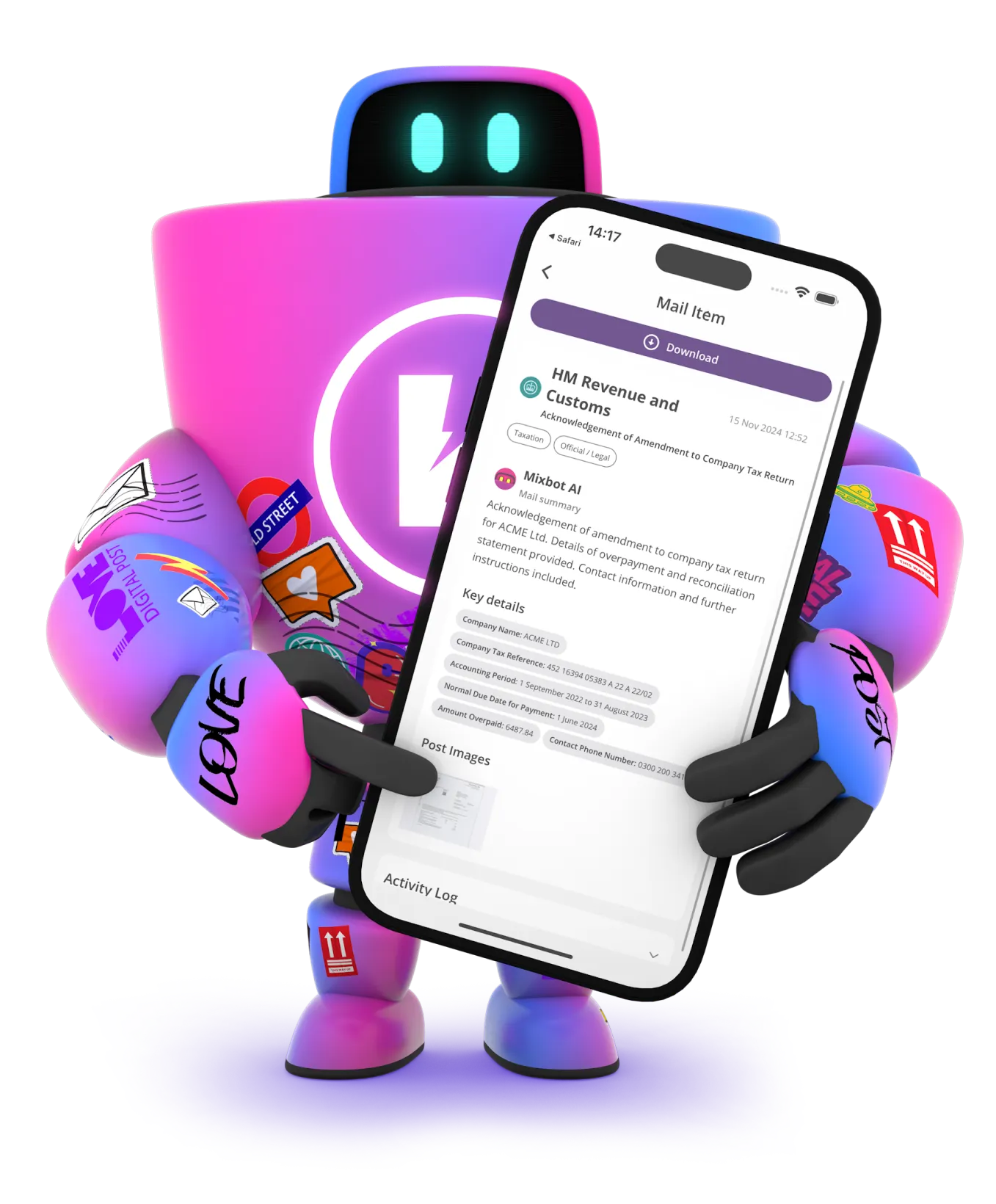 HaiRo™ mail service with robot mascot and phone displaying mail interface
