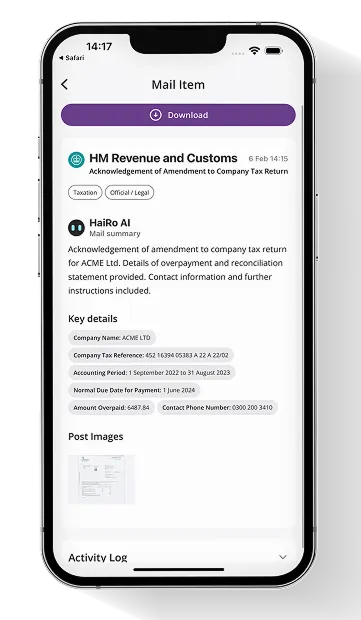 Customer app screenshot displaying mail interface