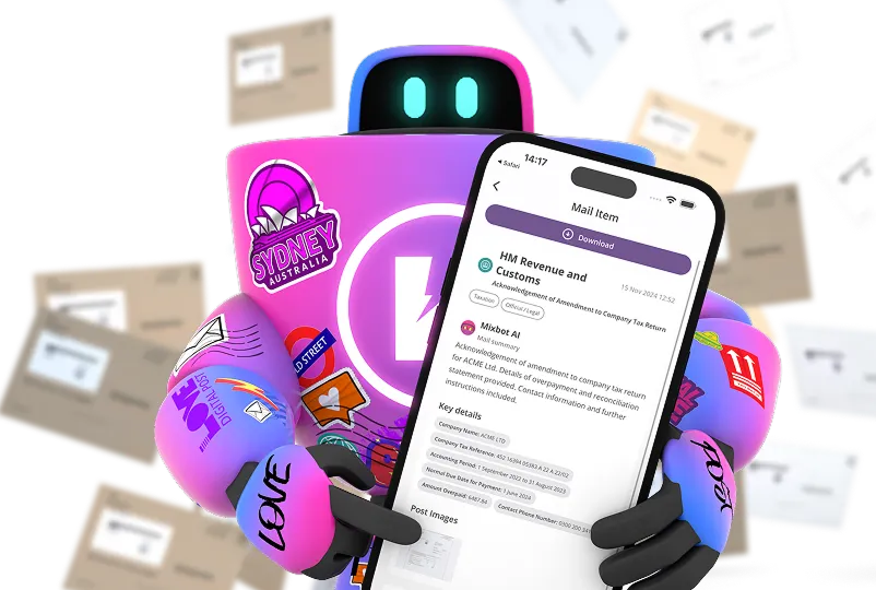 Robot holding phone with envelopes background