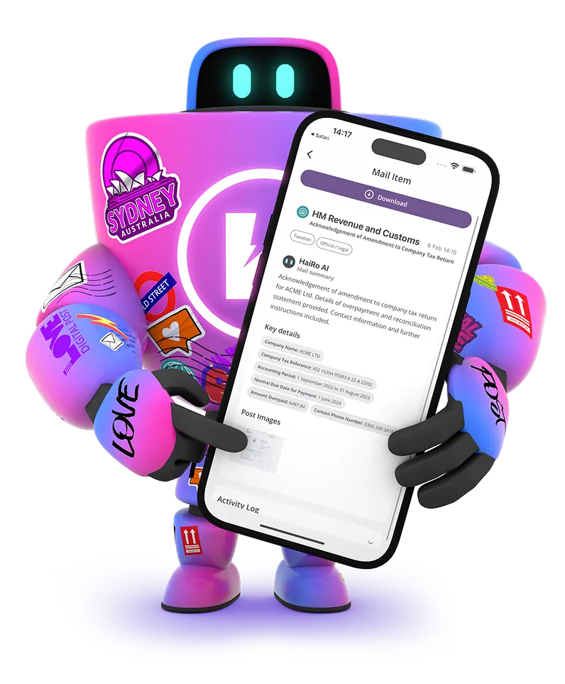 HaiRo™ robot mascot holding phone