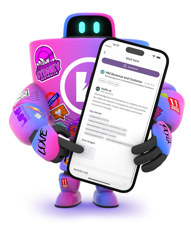 HaiRo™ robot mascot holding phone