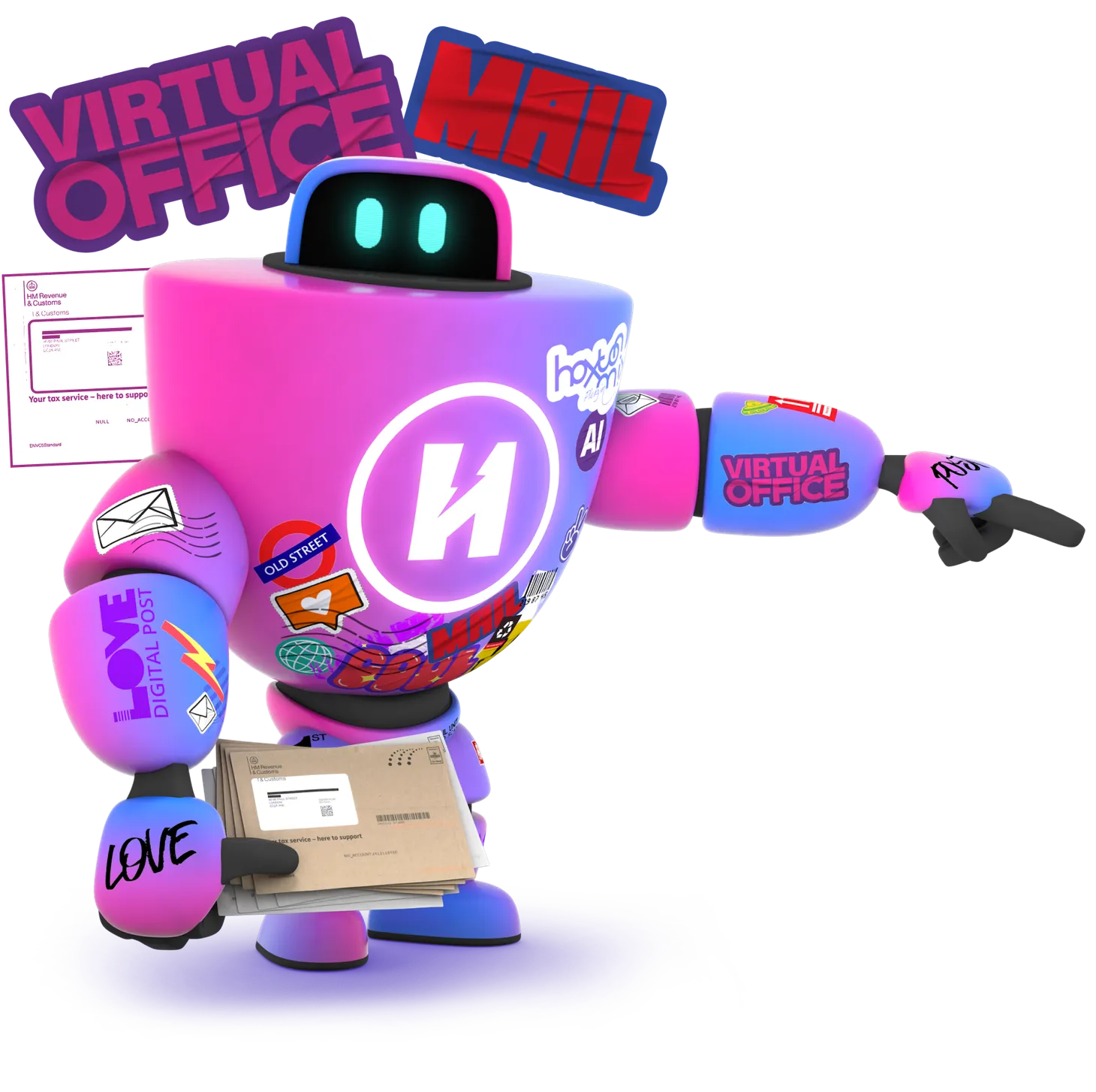 robot with stickers pointing right