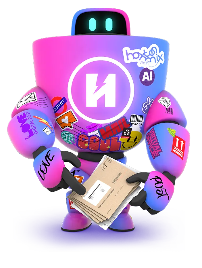 HaiRo™ robot mascot pointing at envelopes